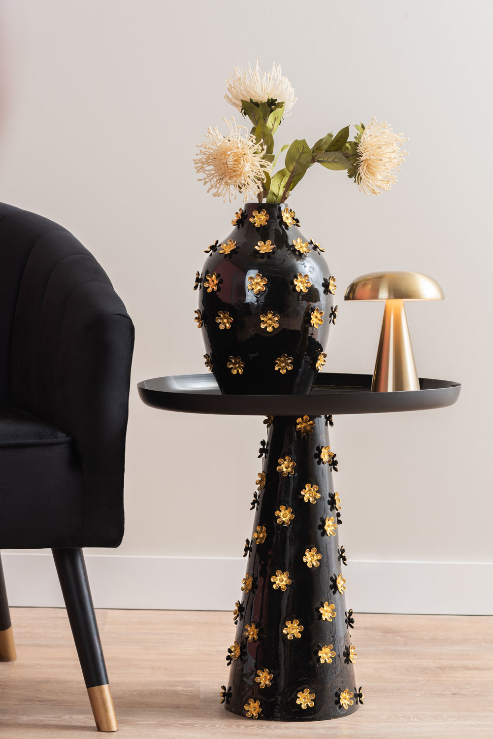 Leitmotiv Side table Golden Flowers enamel black